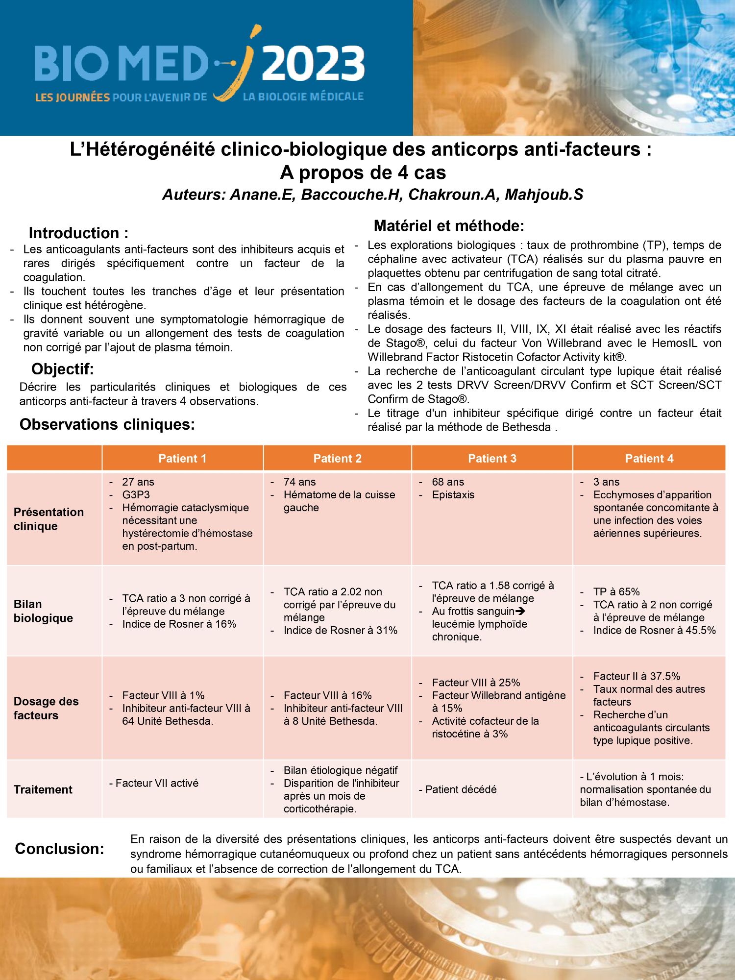 L’Hétérogénéité clinicobiologique des anticorps antifacteurs à propos de 4 cas BIOMEDJ